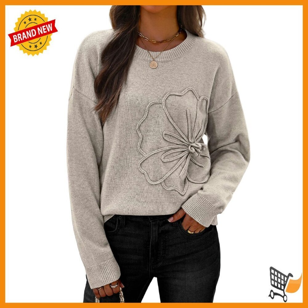 Cozy Knit Pullover Sweater 3D Floral Design Crew Neck Long Sleeve